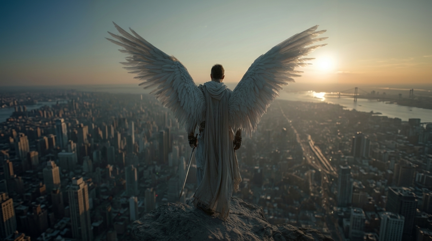 A winged sentinel figure in white robes, sword in hand, standing on a high place overlooking a vast city at golden hour
